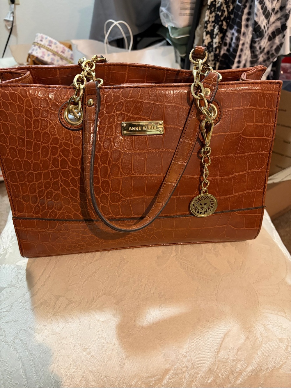 Anne Klein Cognac Croc-Embossed Tote with Gold Chain Accents